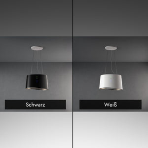 Falmec Mare E.ion Inselhaube im Farbvergleich in Schwarz und Weiß