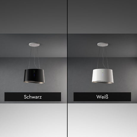 Falmec Mare E.ion Inselhaube im Farbvergleich in Schwarz und Weiß