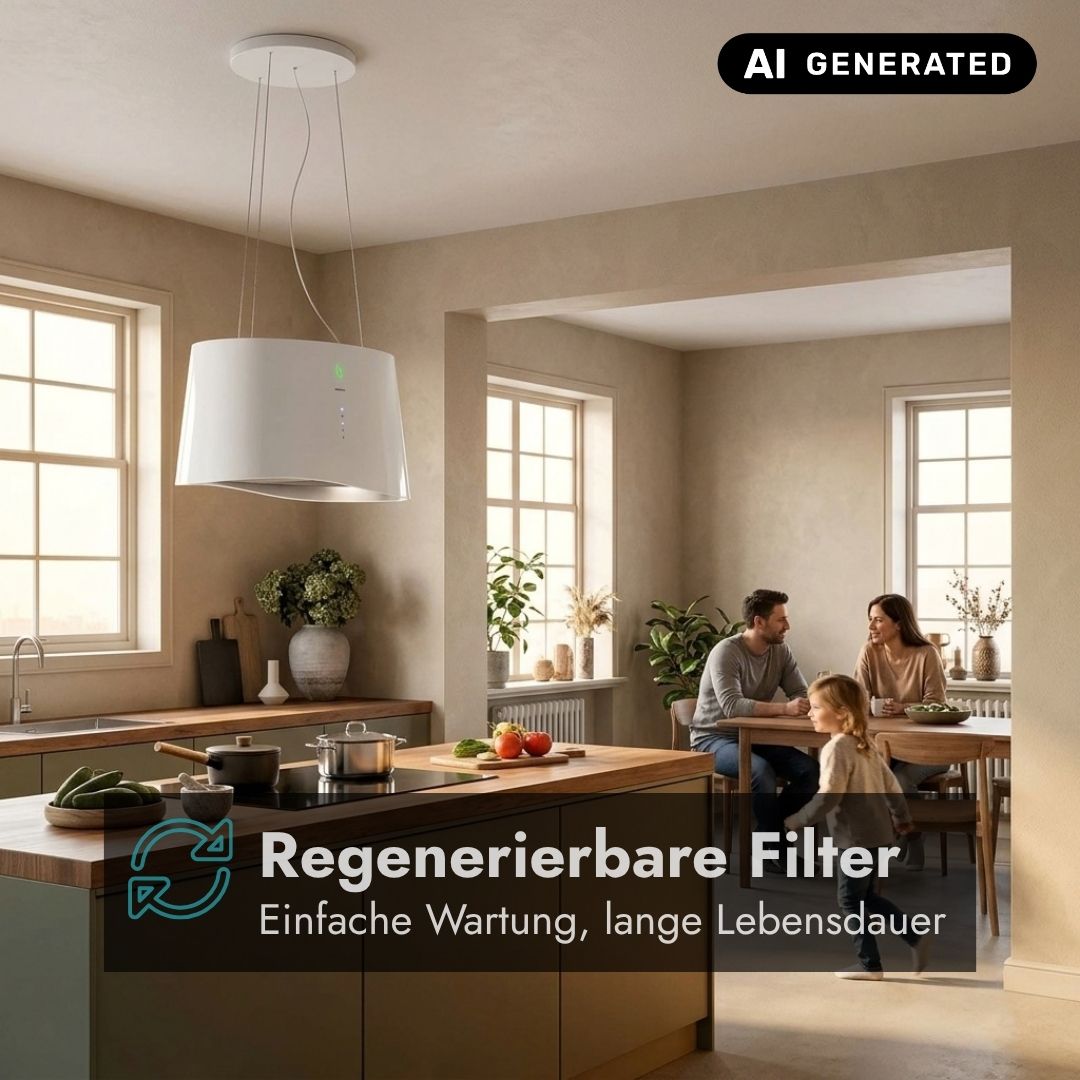 Falmec Mare E.ion Inselhaube in Weiß mit regenerierbaren Filtern für den Umluftbetrieb