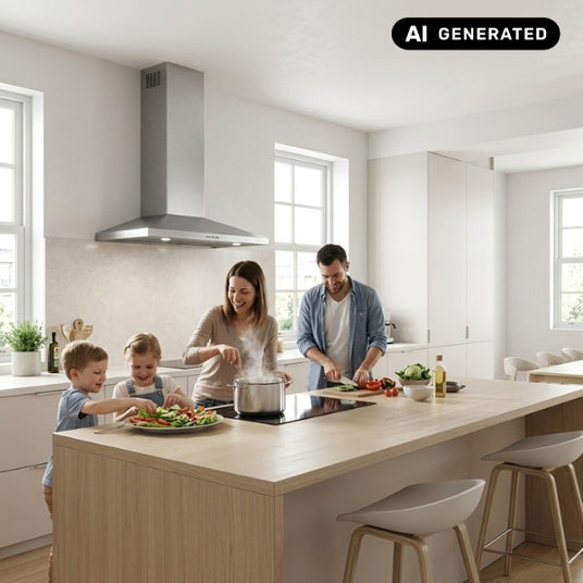 Falmec Mizar Wandhaube aus Edelstahl im Einsatz über einem Kochfeld in einer hellen, modernen Wohnküche, während eine vierköpfige Familie gemeinsam kocht.