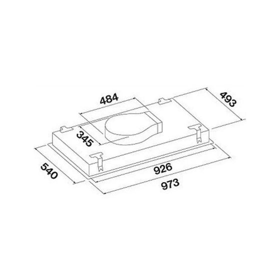 Maßzeichnung des Falmec Nuvola LED Deckenlüfters 90 cm mit Flachmotor und Abmessungen für die Einbauplanung.