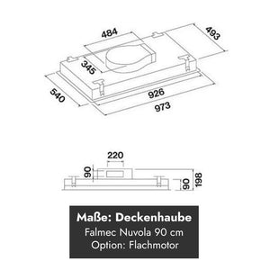 Maßzeichnung des Falmec Nuvola LED Deckenlüfters 90 cm mit Abmessungen und optionalem Flachmotor.