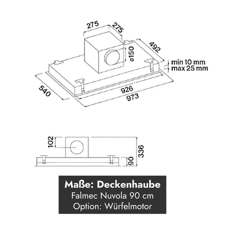Maßzeichnung des Falmec Nuvola LED Deckenlüfters 90 cm mit Abmessungen und optionalem Würfelmotor.