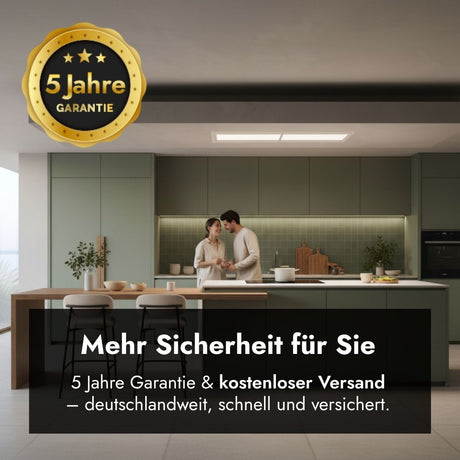 Falmec Nuvola LED Deckenlüfter in moderner Küche mit Hinweis auf 5 Jahre Garantie und kostenlosen Versand.