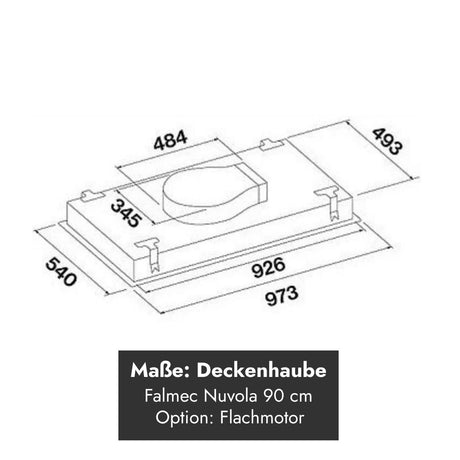 Maßzeichnung des Falmec Nuvola LED Deckenlüfters 90 cm mit Abmessungen und optionalem Flachmotor.