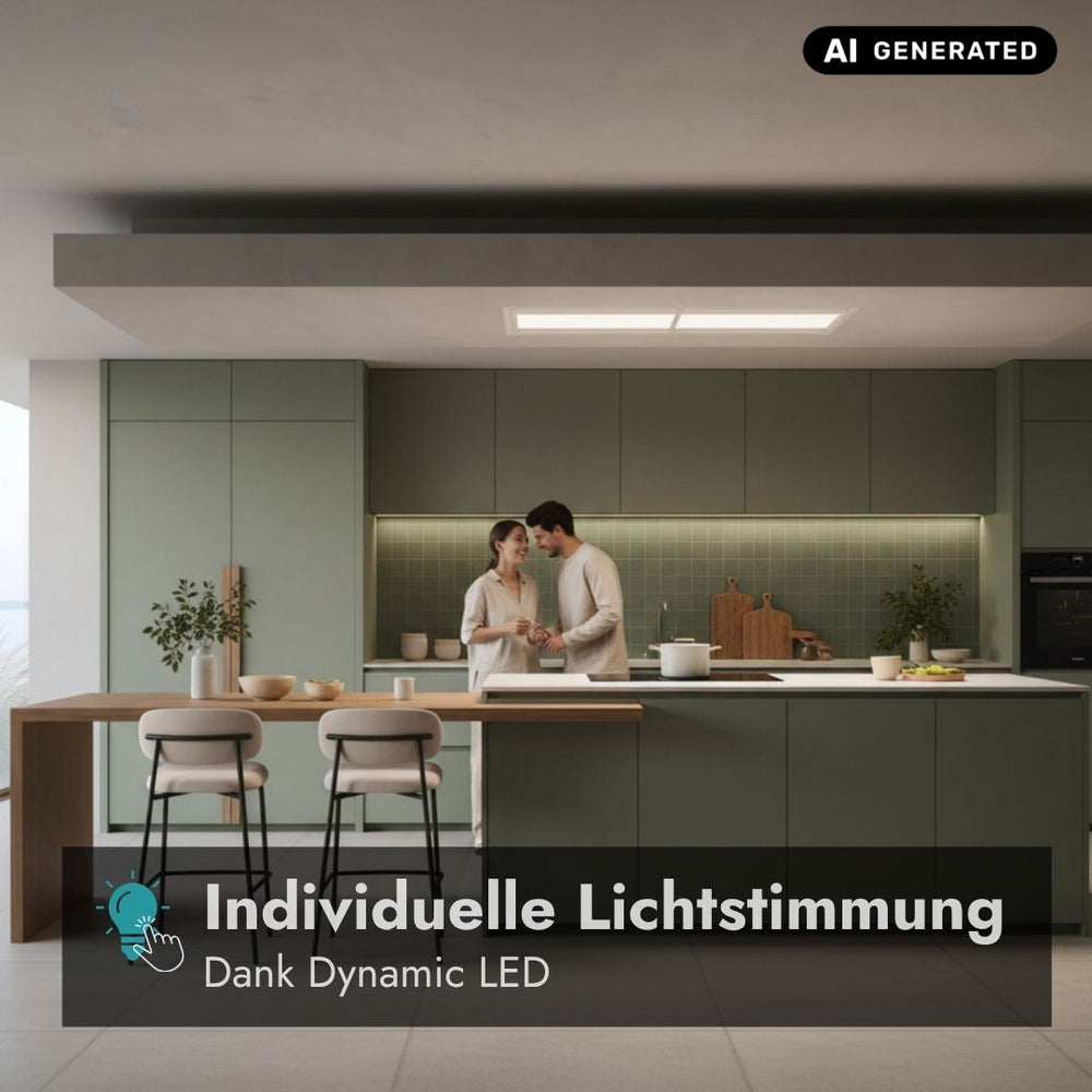 Falmec Nuvola LED Deckenlüfter in moderner Küche mit Dynamic LED für eine individuell anpassbare Lichtstimmung.