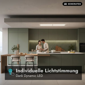 Falmec Nuvola LED Deckenlüfter in moderner Küche mit Dynamic LED für eine individuell anpassbare Lichtstimmung.