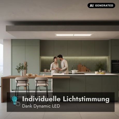 Falmec Nuvola LED Deckenlüfter in moderner Küche mit Dynamic LED für eine individuell anpassbare Lichtstimmung.