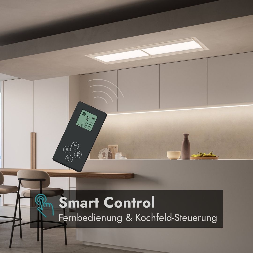 Falmec Nuvola LED Deckenlüfter mit Smart Control zur komfortablen Steuerung per Fernbedienung und Kochfeld.