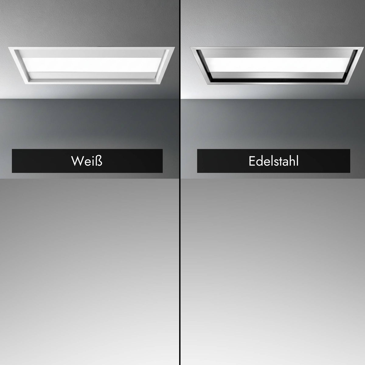 Falmec Nuvola LED Deckenlüfter im Vergleich der beiden Ausführungen Weiß und Edelstahl mit integrierter Beleuchtung.