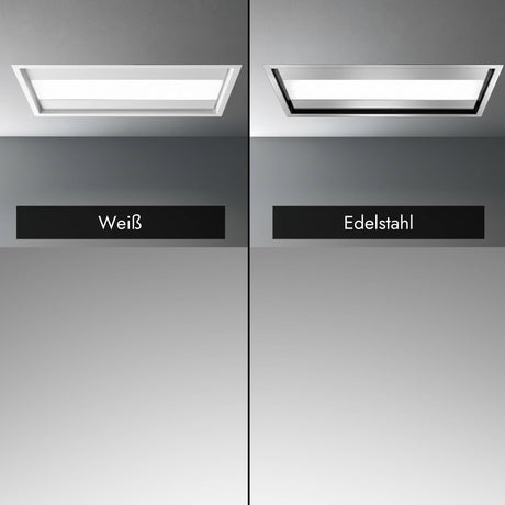 Falmec Nuvola LED Deckenlüfter im Vergleich der beiden Ausführungen Weiß und Edelstahl mit integrierter Beleuchtung.