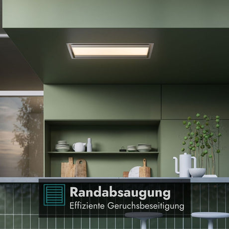 Falmec Nuvola LED Deckenlüfter mit Randabsaugung zur effizienten Erfassung von Kochdünsten und Gerüchen.