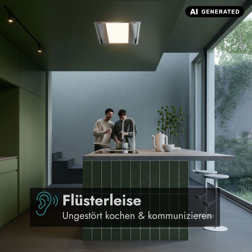 Falmec Nuvola LED Deckenlüfter in moderner Küche – leiser Betrieb für ungestörtes Kochen und Unterhalten.
