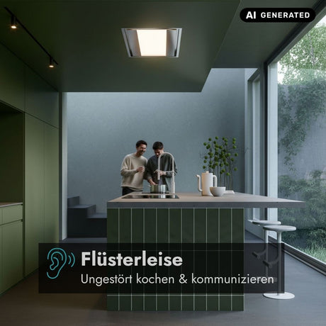 Falmec Nuvola LED Deckenlüfter in moderner Küche – leiser Betrieb für ungestörtes Kochen und Unterhalten.