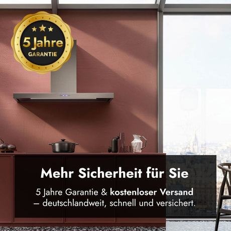 Falmec Plane Plus Wandhaube mit Hinweis auf 5 Jahre Garantie sowie kostenlosen, deutschlandweiten und versicherten Versand.