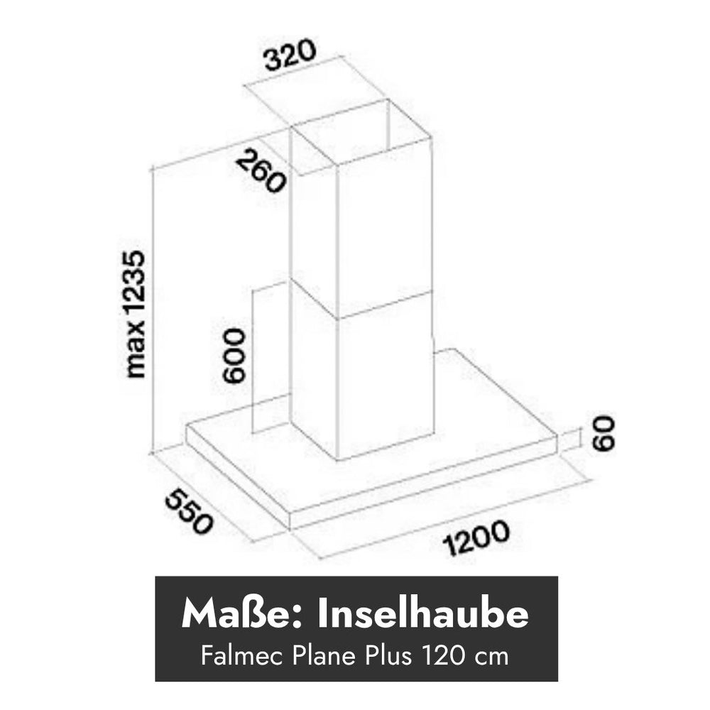 Technische Maßzeichnung der Falmec Plane Plus Inselhaube 120 cm mit 1200 mm Breite, 550 mm Tiefe und maximal 1235 mm Höhe.