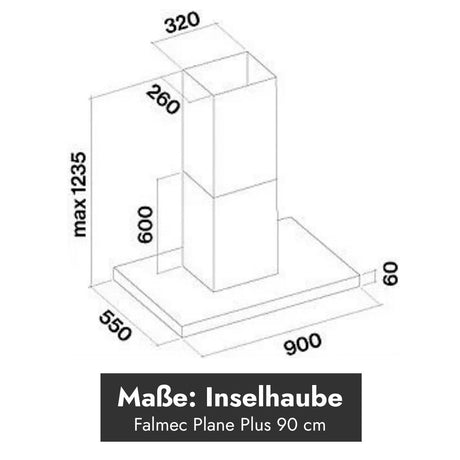 Technische Maßzeichnung der Falmec Plane Plus Inselhaube 90 cm mit 900 mm Breite, 550 mm Tiefe und maximal 1235 mm Höhe.