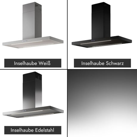 Falmec Plane Plus Inselhaube im Vergleich der Farbvarianten Weiß, Schwarz und Edelstahl.