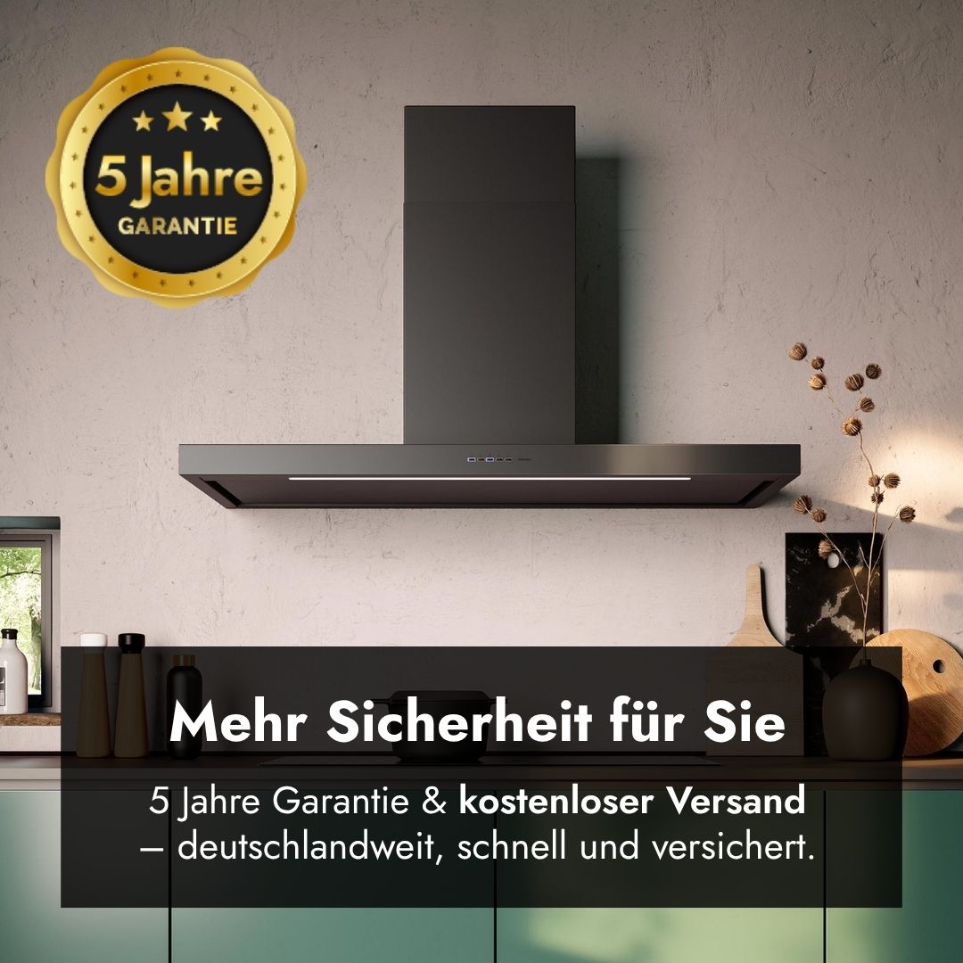 Falmec Plane Plus NRS Wandhaube mit Hinweis auf 5 Jahre Garantie sowie kostenlosen, deutschlandweiten und versicherten Versand.