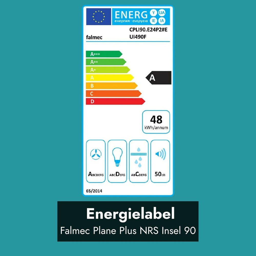 Energielabel der Falmec Plane Plus NRS Inselhaube 90 cm mit Energieeffizienzklasse A, 48 kWh Jahresenergieverbrauch und 50 dB Geräuschpegel.
