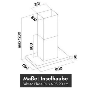 Technische Maßzeichnung der Falmec Plane Plus NRS Inselhaube 90 cm mit 900 mm Breite, 550 mm Tiefe und maximal 1230 mm Höhe.