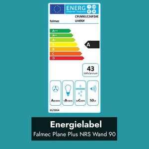 Energielabel der Falmec Plane Plus NRS Wandhaube 90 cm mit Energieeffizienzklasse A, 43 kWh Jahresenergieverbrauch und 50 dB Geräuschpegel.