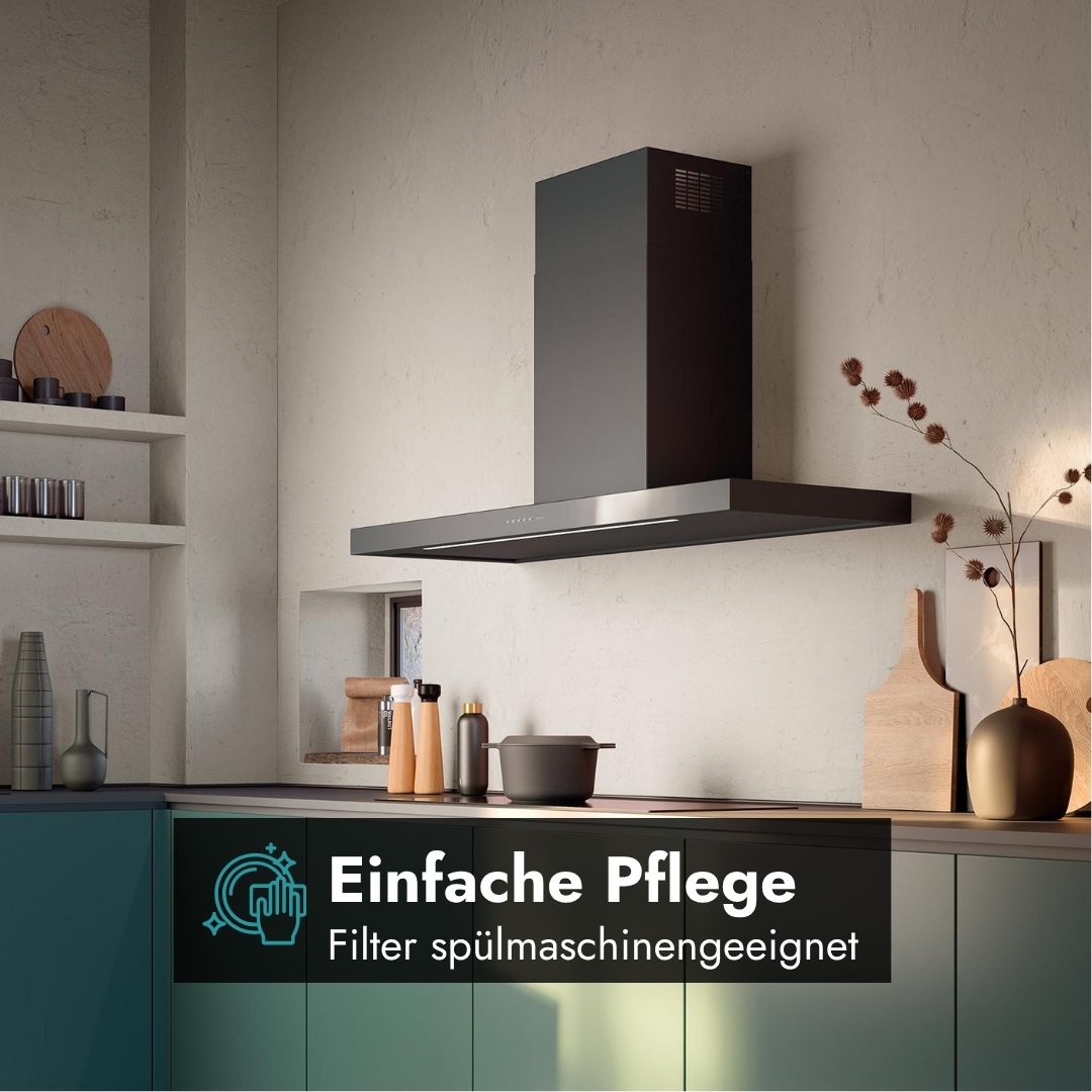 Falmec Plane Plus NRS Wandhaube mit Hinweis auf den pflegeleichten, spülmaschinengeeigneten Fettfilter.