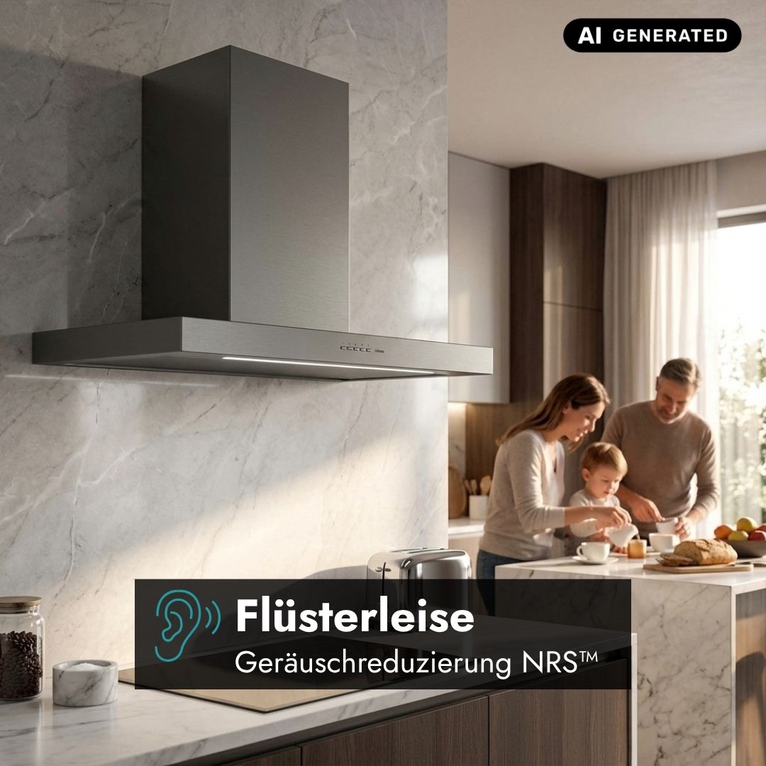 Falmec Plane Plus NRS Wandhaube in moderner Küche mit geräuschreduzierender NRS-Technologie für besonders leisen Betrieb.
