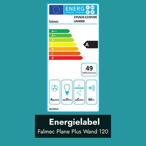 Energielabel der Falmec Plane Plus Wandhaube 120 cm mit Energieeffizienzklasse A, 49 kWh Jahresenergieverbrauch und 66 dB Geräuschpegel.