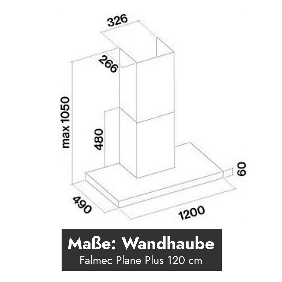 Technische Maßzeichnung der Falmec Plane Plus Wandhaube 120 cm mit 1200 mm Breite, 490 mm Tiefe und maximal 1050 mm Höhe.