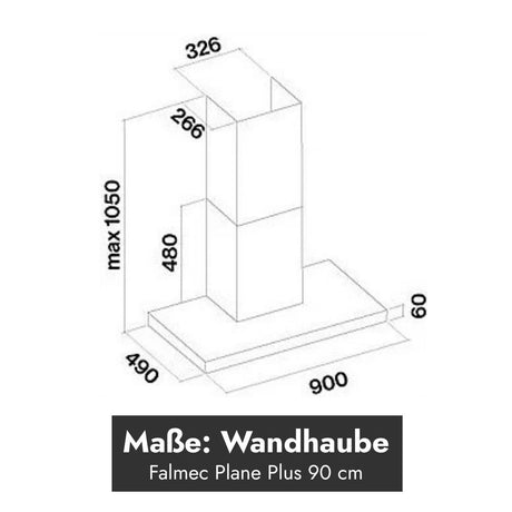 Technische Maßzeichnung der Falmec Plane Plus Wandhaube 90 cm mit 900 mm Breite, 490 mm Tiefe und maximal 1050 mm Höhe.