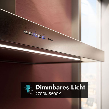 Detailansicht der Falmec Plane Plus Dunstabzugshaube mit Bedienfeld und dimmbarer Beleuchtung von 2700 bis 5600 Kelvin.