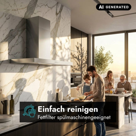 Falmec Plane Plus Wandhaube in moderner Küche mit Hinweis auf den leicht zu reinigenden, spülmaschinengeeigneten Fettfilter.