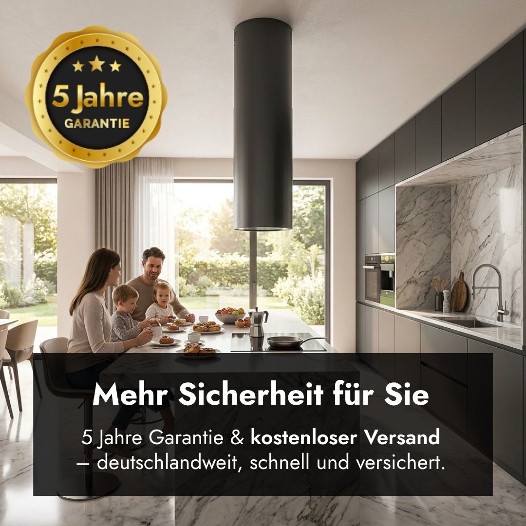 Falmec Polar Evo Inselhaube in Schwarz in moderner Küche mit 5 Jahre Garantie und kostenlosem deutschlandweiten Versand.