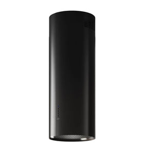 Falmec Polar Evo Inselhaube in Schwarz mit zylindrischem Design, integrierter Beleuchtung und Bedienelementen.