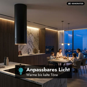 Falmec Polar Evo Inselhaube in Schwarz in moderner Küche mit anpassbarer LED-Beleuchtung von warmen bis kalten Lichttönen.