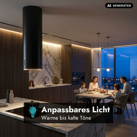 Falmec Polar Evo Inselhaube in Schwarz in moderner Küche mit anpassbarer LED-Beleuchtung von warmen bis kalten Lichttönen.