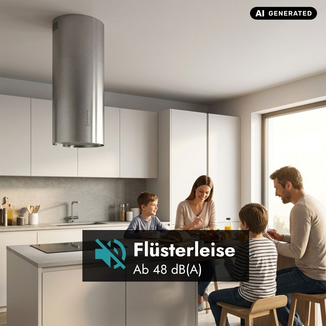 Falmec Polar Evo Inselhaube in Edelstahl über einer Kochinsel in moderner Küche mit leisem Betrieb ab 48 dB(A).
