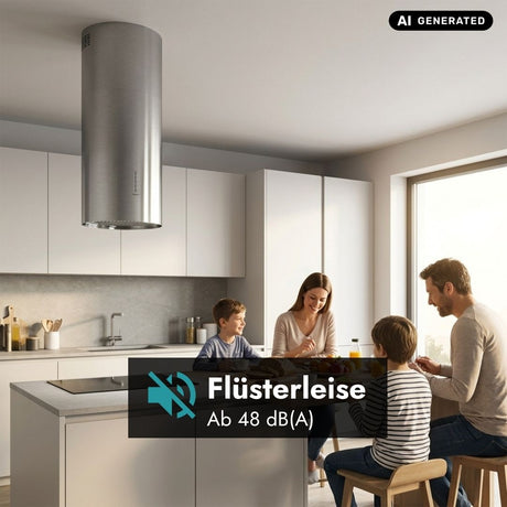 Falmec Polar Evo Inselhaube in Edelstahl über einer Kochinsel in moderner Küche mit leisem Betrieb ab 48 dB(A).