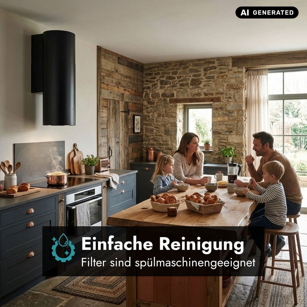 Falmec Polar Evo Wandhaube in Schwarz in moderner Landhausküche mit spülmaschinengeeigneten Metallfiltern für eine einfache Reinigung.