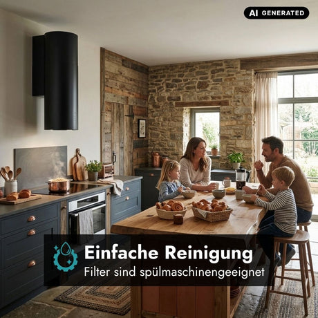 Falmec Polar Evo Wandhaube in Schwarz in moderner Landhausküche mit spülmaschinengeeigneten Metallfiltern für eine einfache Reinigung.