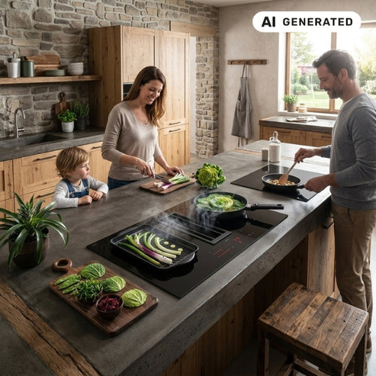 Falmec Quantum Pro Easy Induktionskochfeld mit integriertem Muldenlüfter eingebaut in eine massive Kochinsel mit Betonarbeitsplatte und rustikaler Steinwand.