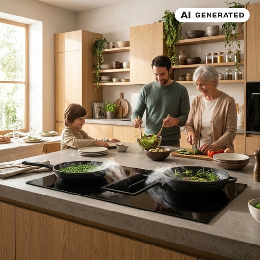 Schwarzes Falmec Quantum Pro Easy Induktionskochfeld mit integrierter Dunstabzugshaube im Umluftbetrieb.