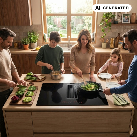Falmec Quantum Pro Easy Induktionskochfeld mit integriertem Dunstabzug flächenbündig in einer Kochinsel verbaut, umringt von einer kochenden Familie.