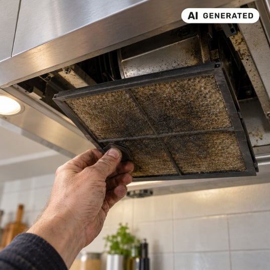 Ausbau eines gebrauchten, gewarteten Filters aus einer Falmec Dunstabzugshaube zur Sicherung der Leistungsfähigkeit und zur Vermeidung von Brandrisiken.