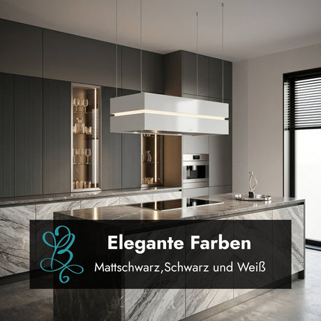 Höhenverstellbare berbel Skyline Edge Base mit Liftfunktion über dem Kochfeld, in Mattschwarz, Weiß und Schwarz