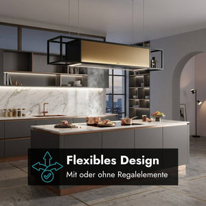 berbel Skyline Frame mit Regalelementen als designstarke Inselhaube für offene Küchen und Kochinseln. berbel Skyline Frame ohne Regalelemente als elegante Inselhaube mit beleuchtetem Glaskorpus über dem Kochfeld