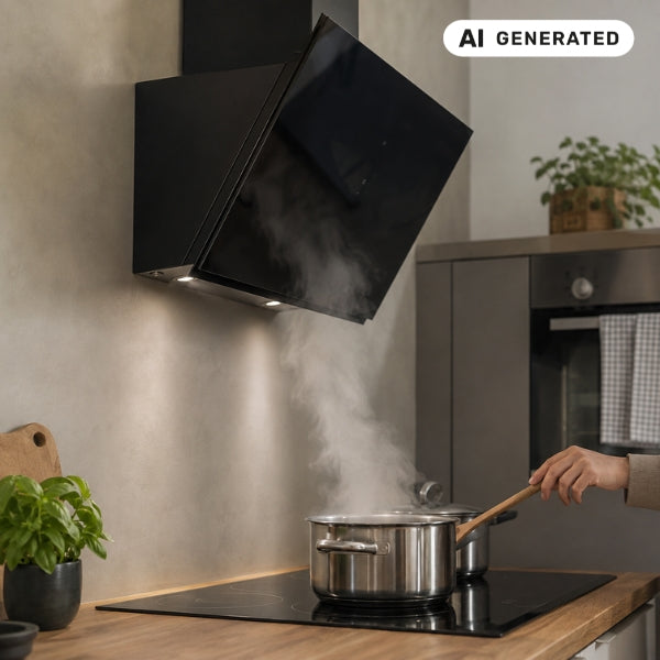 Ergonomische Kopffreihaube aus schwarzem Glas über Kochfeld. Freier Kopfraum beim Kochen.