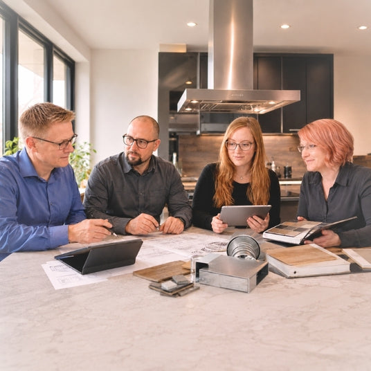 Das Team von Nordsee-Küchen GmbH sitzt konzentriert um einen großen Tisch bei einer gemeinsamen Küchenplanung. Die Gruppe prüft technische Zeichnungen, ein Tablet und Materialmuster, während im Hintergrund eine Dunstabzugshaube in einer modern ausgestatteten Testküche zu sehen ist. Das Bild unterstreicht die fachliche Kompetenz und die gründliche Beratung bei der Planung von Dunstabzugshauben und Küchendesign.