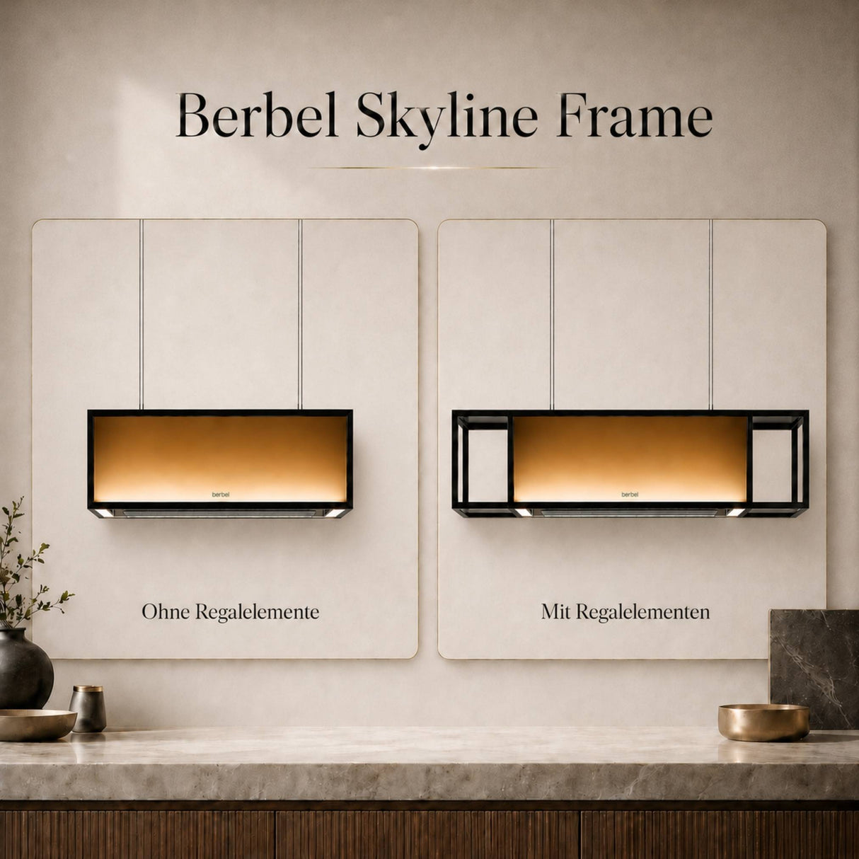 berbel Skyline Frame Inselhaube ohne oder mit seitlichen Regalelementen für Öl, Essig und Gewürze in moderner Wohnküche